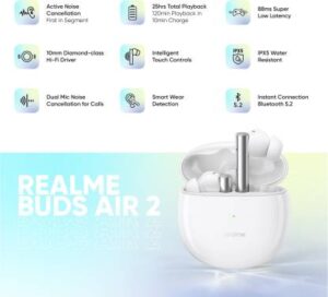 Realme Buds Air 2 Earbuds (White) TWS Active Noise Cancellation (ANC), Battery 25 Hours, Charging 2 hrs, IPX5 Water Resistance, Enabled with Smart Wear Detection