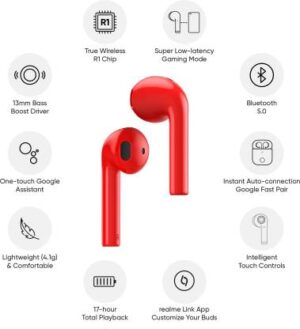 Realme Buds Air Neo Earbuds (Red) True Wireless Deep Bass, Super Low latency gaming mode, 17 hour playback, 13mm Dynamic Bass Boost Driver, Intelligent Touch Controls