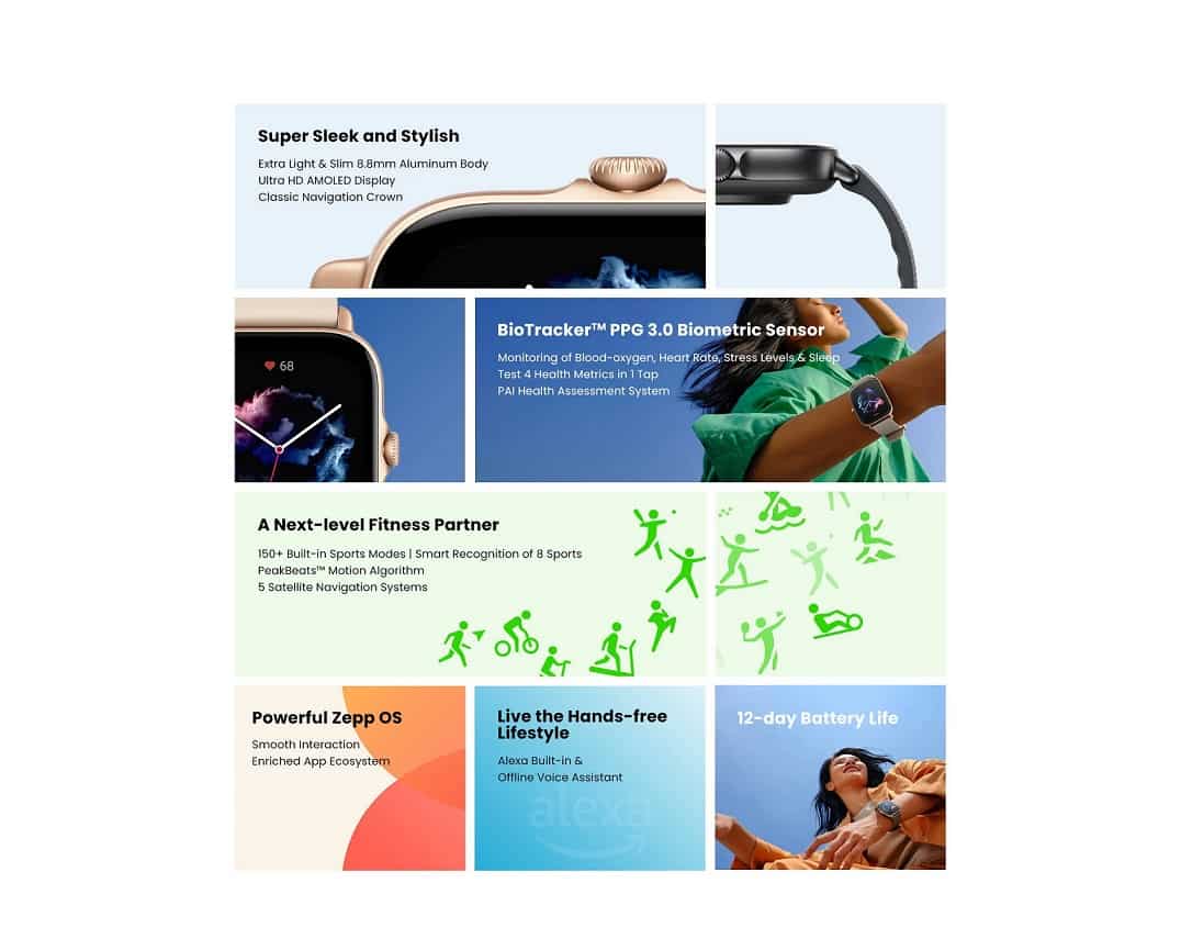 zopic Amazfit GTS 3 Smartwatch with Heart Rate, SpO2, Sleep, Stress, Female Cycle Monitoring, Sports Watch with 150+ Sports Modes, GPS, 5 ATM Waterproof | zopic