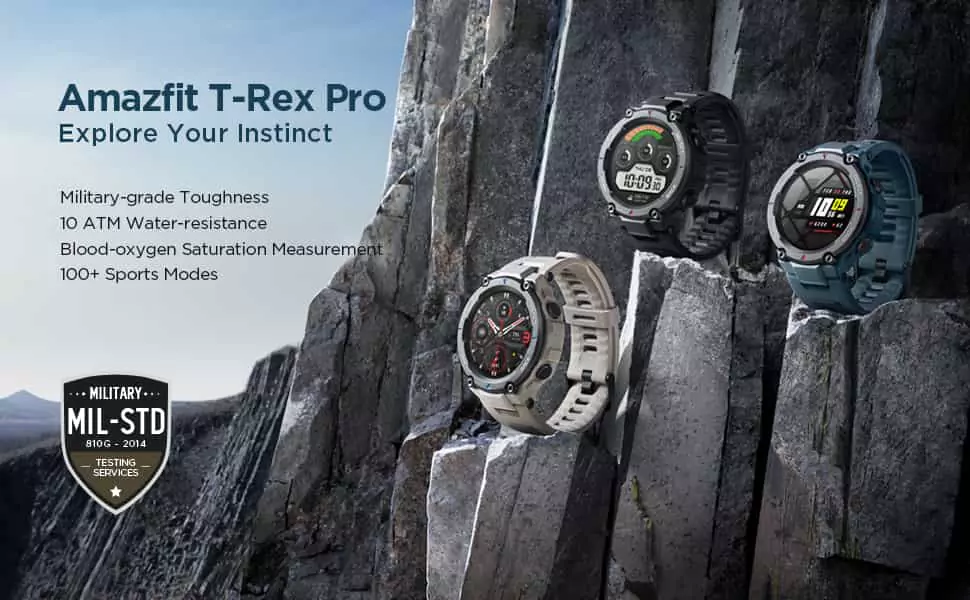 zopic Amazfit T-Rex Pro Smartwatch Fitness Watch with SpO2, Heart Rate, Sleep Monitor, Sports Watch with Over 100 Sports Modes, 10 ATM Waterproof, 18 Day Battery Life, GPS | zopic