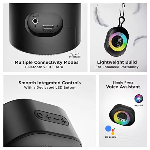 zopic boAt Stone 250 Portable Wireless Speaker with 5W RMS Immersive Audio, RGB LEDs, Up to 8HRS Playtime, IPX7 Water Resistance, Multi-Compatibility Modes | zopic