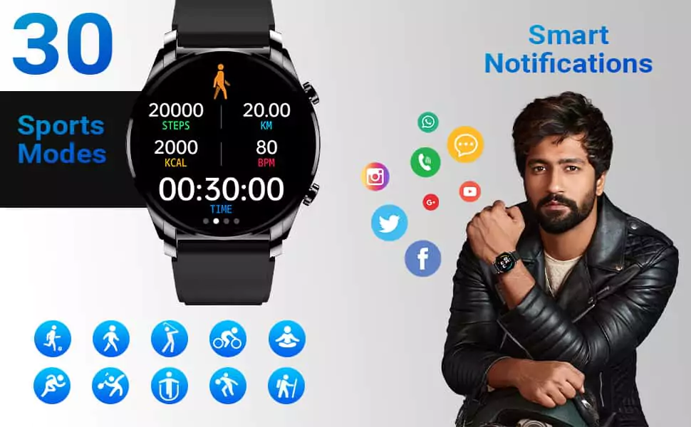 zopic Fire Boltt Thunder Smartwatch Bluetooth Calling Full Touch 1.32inch(3.3cm) Amoled LCD with SpO2, Heart Rate & Sleep Monitoring, 30 Sports Modes,Free Size