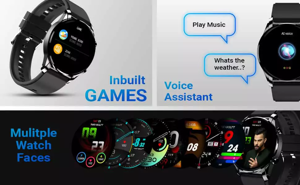 zopic Fire Boltt Thunder Smartwatch Bluetooth Calling Full Touch 1.32inch(3.3cm) Amoled LCD with SpO2, Heart Rate & Sleep Monitoring, 30 Sports Modes,Free Size