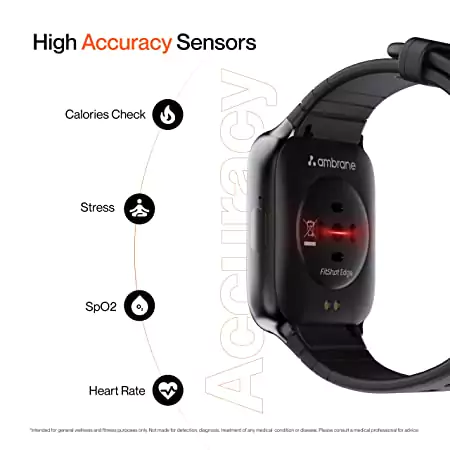 Ambrane Edge Smartwatch with 500 Nits Brightness Lucid Display, Real-Time Health Monitoring, Stress Tracking, Multiple Sports Modes, 7-Day Battery | zopic