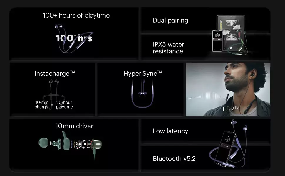 Noise Xtreme Neckband Wireless with 100 + Hours of Playtime, Instacharge, ESR, Hyper Sync, Dual Pairing, Low Latency, 10mm Driver | zopic