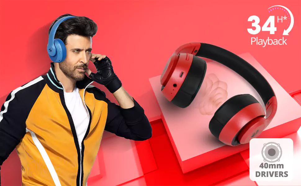 Zebronics Zeb DUKE1 Headphone Wireless Bluetooth 5.0 Over Ear Voice Assistant, AUX Port, Call Function, 34Hrs Battery Backup, Media & Volume Control | zopic