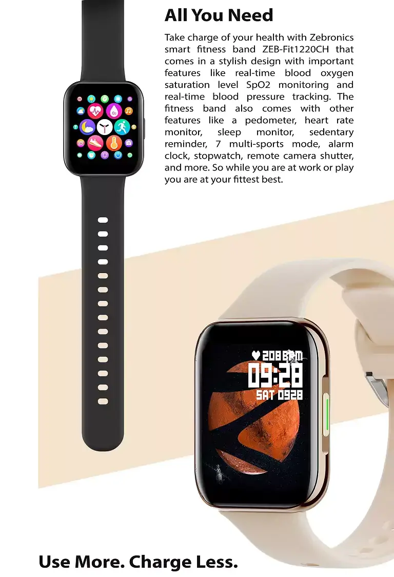 Zebronics Zeb Fit1220CH Smartwatch Fitness Watch, 2.5D Curved Glass Full Touch Display, SpO2, BP & Heart Rate Monitor, IP67 Water Resistant, 7 Sports Mode | zopic