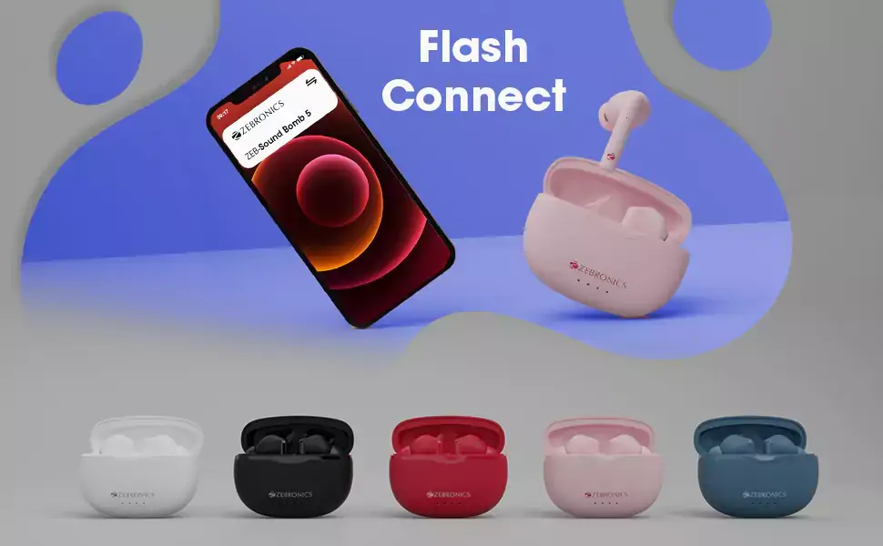Zebronics Zeb Sound Bomb 5 Earbuds TWS Bluetooth Up to 22H Backup, Flash Connect, Splash Proof, 10Mm Driver, with Mic and Type C | zopic