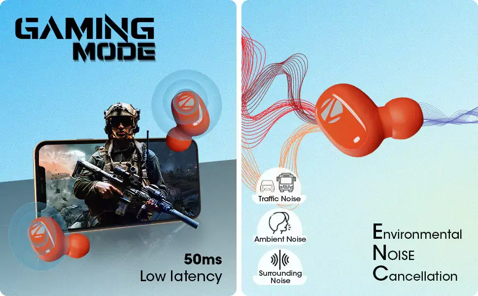 Zebronics Zeb-Sound Bomb N1 True Wireless Earbuds with ENC, Gaming Mode, Upto 18H Playback, Bluetooth V5.2, Voice Assistant, Splash Proof, Type C | zopic