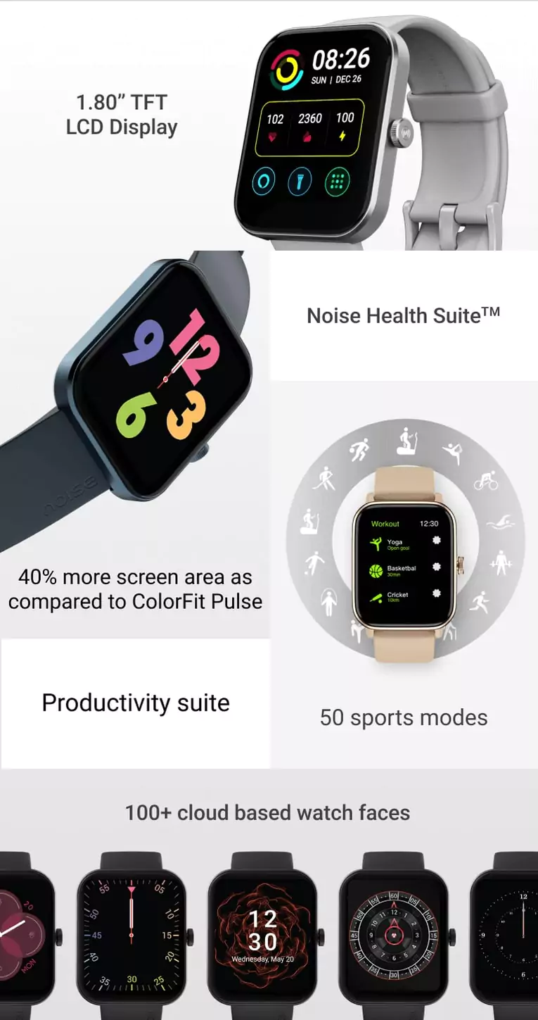 Noise ColorFit Pulse Smartwatch 2 Upto 10 Days Battery Life, 1.8" Biggest Display, 550 NITS Brightness, Sleek Metallic Body, HR, Sleep & Spo2 Monitoring, , Calls & SMS Reply | zopic