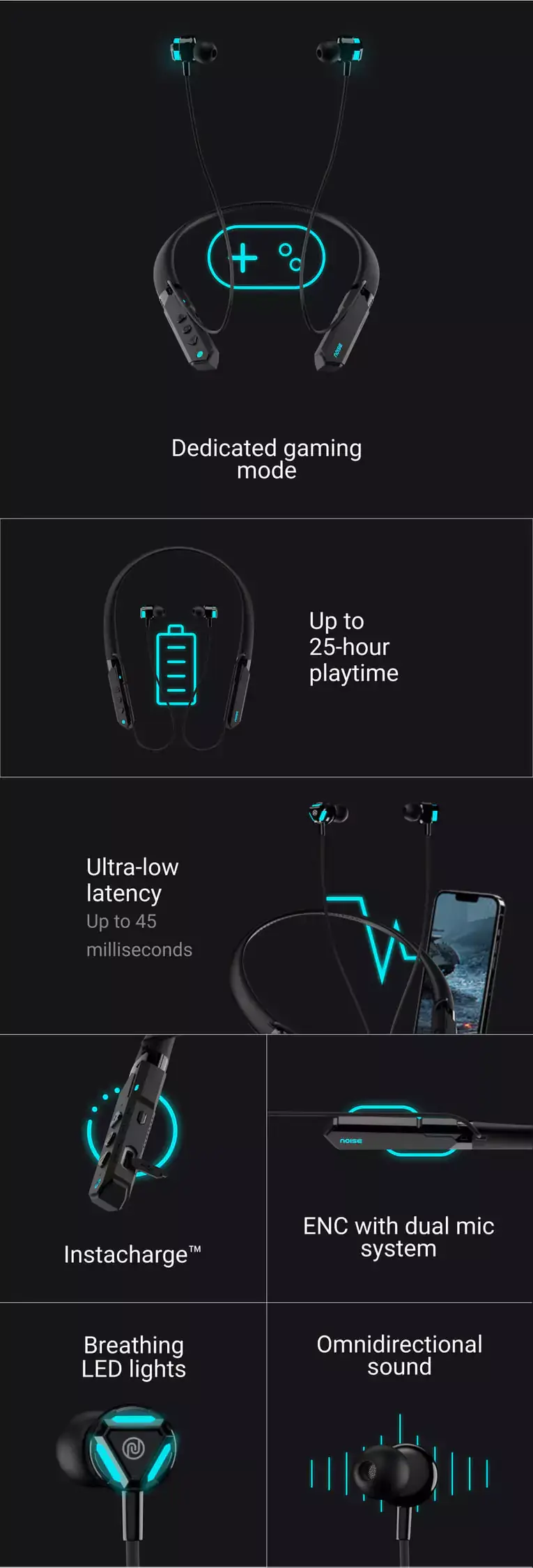 Noise Combat Gaming Neckband with Ultra Low Latency 45 Milliseconds Bluetooth Wireless with ENC with mic, instacharge and Breathing LED Lights | zopic