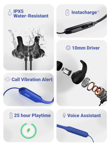 Noise Sense Neckband Bluetooth Wireless in Ear Earphones, Fast Charging, Up to 25H Playback, Powerful Bass, mic Clear Calls, Type C Port, IPX5 | zopic