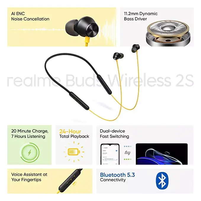 realme Buds Wireless 2S Neckband with 24Hrs Total Playback, Dual Device Switching & Type C Fast Charge, Super Low Latency Gaming Mode | zopic