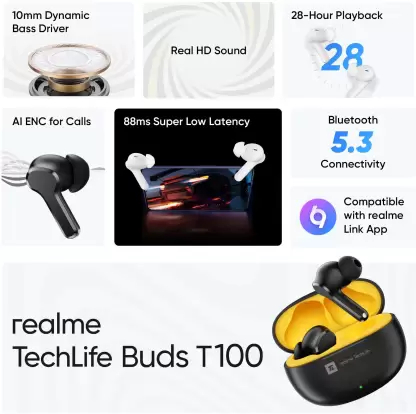 realme Techlife Buds T100 Earbuds with up to 28 Hours Playback & AI ENC for Calls Bluetooth Headset True Wireless, Gaming Mode, Instant Connection | zopic