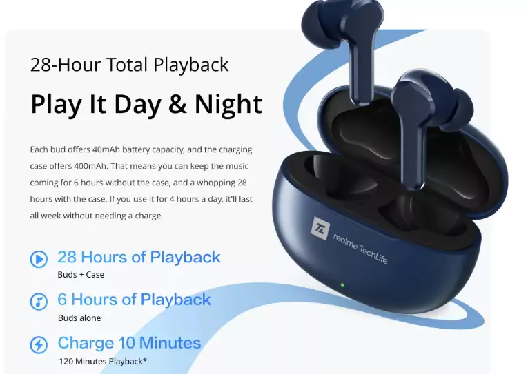 realme Techlife Buds T100 Earbuds with up to 28 Hours Playback & AI ENC for Calls Bluetooth Headset True Wireless, Gaming Mode, Instant Connection | zopic