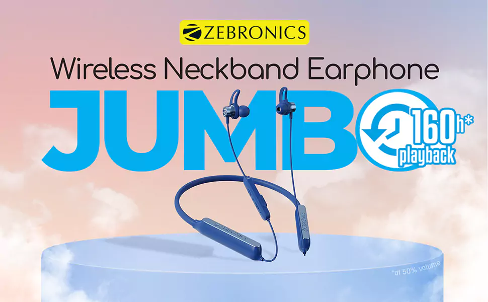 Zebronics Jumbo Neckband with 160H Playback, ENC, Gaming Mode, Fast Charging, 1000mAh Built-in Battery, Dual Pairing, Voice Assistant, BT v5.2 | zopic