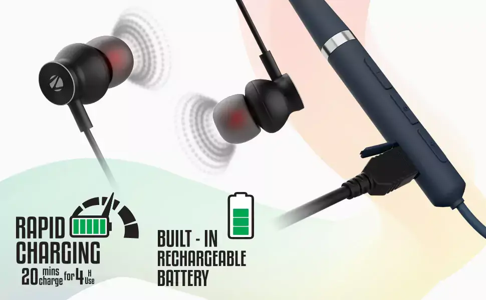Zebronics Zeb Yoga 90 Pro Neckband Wireless Bluetooth in Ear with Rapid Charge, Dual Pairing, Magnetic earpiece, Splash Proof, Type C Charging with Mic | zopic