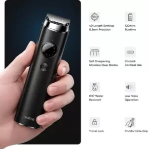 realme Trimmer Plus, Runtime 120 min, Body Grooming, Beard & Moustache, USB Type-C Fast Charge (Black)