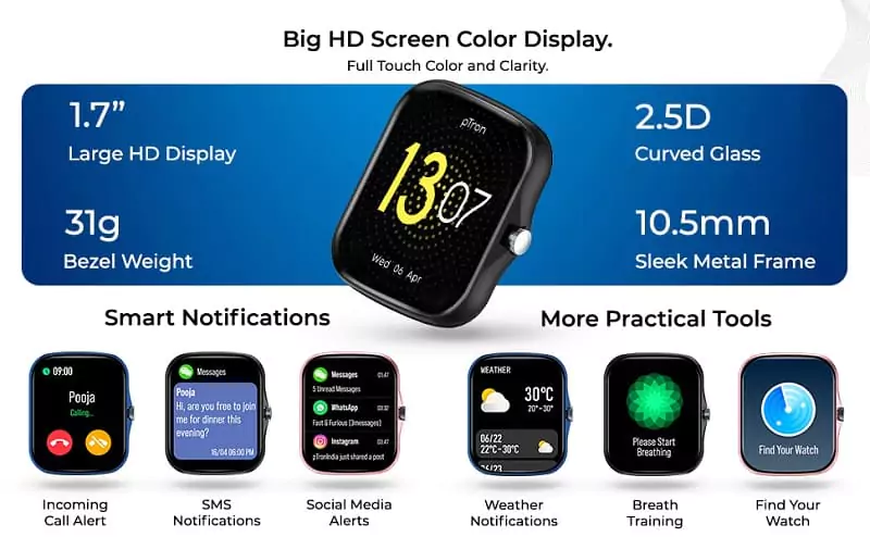 zopic PTron Force X10e Smartwatch black color with 1.7" Full Touch Color Display, 24/7 Heart Rate Tracking, SpO2, Multiple Faces, 10-12 Days Runtime, Sleep/Health/Fitness Trackers & IP68 Waterproof
