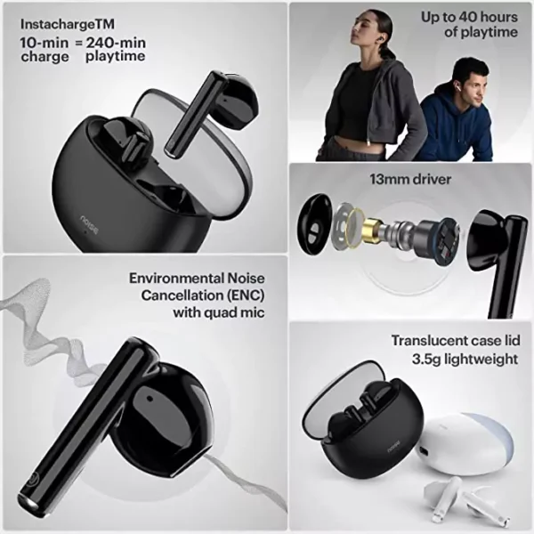 zopic Noise Newly Launched Air Buds 2 black color Truly Wireless Earbuds with 40-Hours of Playtime, Instacharge(10-min Charge=240-min Playtime), Quad Mic with ENC, 13 mm Driver, and BT v5.3