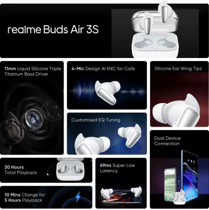zopic realme Buds Air 3S white color Bluetooth Truly Wireless in Ear Earbuds, 11mm Triple Titanium Driver, with Mic AI ENC for Calls, Dual Device Pairing, 30hrs Total Playback with Fast Charging