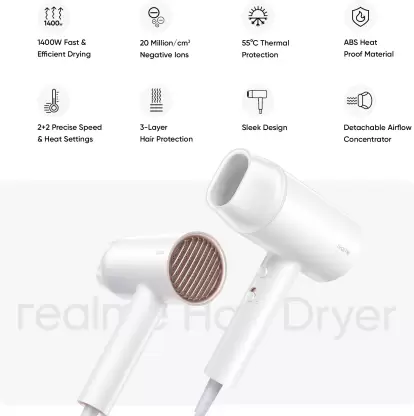 zopic realme Hair Dryer 1400Watts with Ionic Technology, Dual Temperature & Speed Settings, White