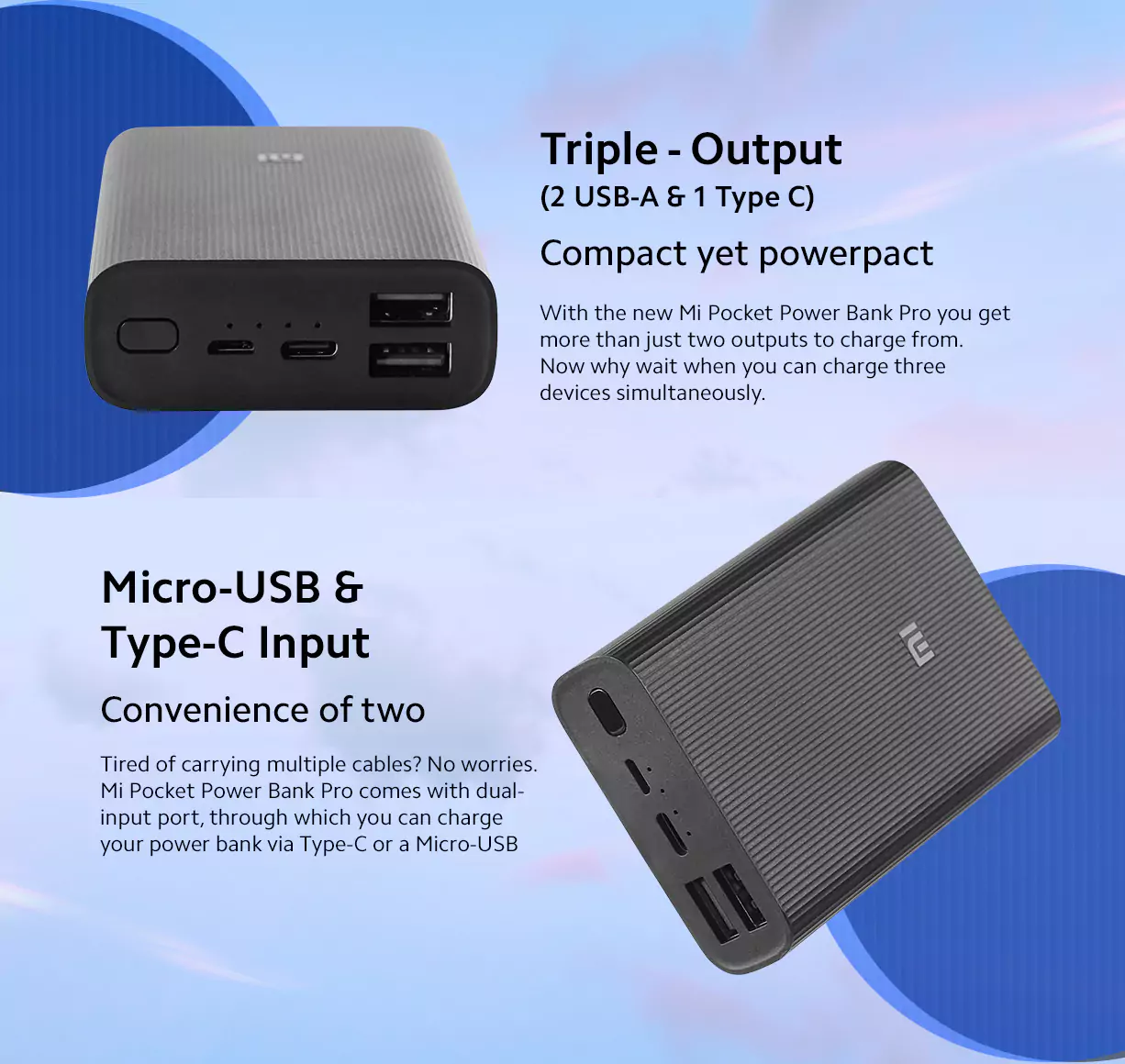 MI 10000mAh Powerbank Pocket Pro black color 22.5 Watt Lithium Ion, Lithium Polymer with Fast Charging, Dual Input Ports (Micro-USB and Type C), Triple Output Ports