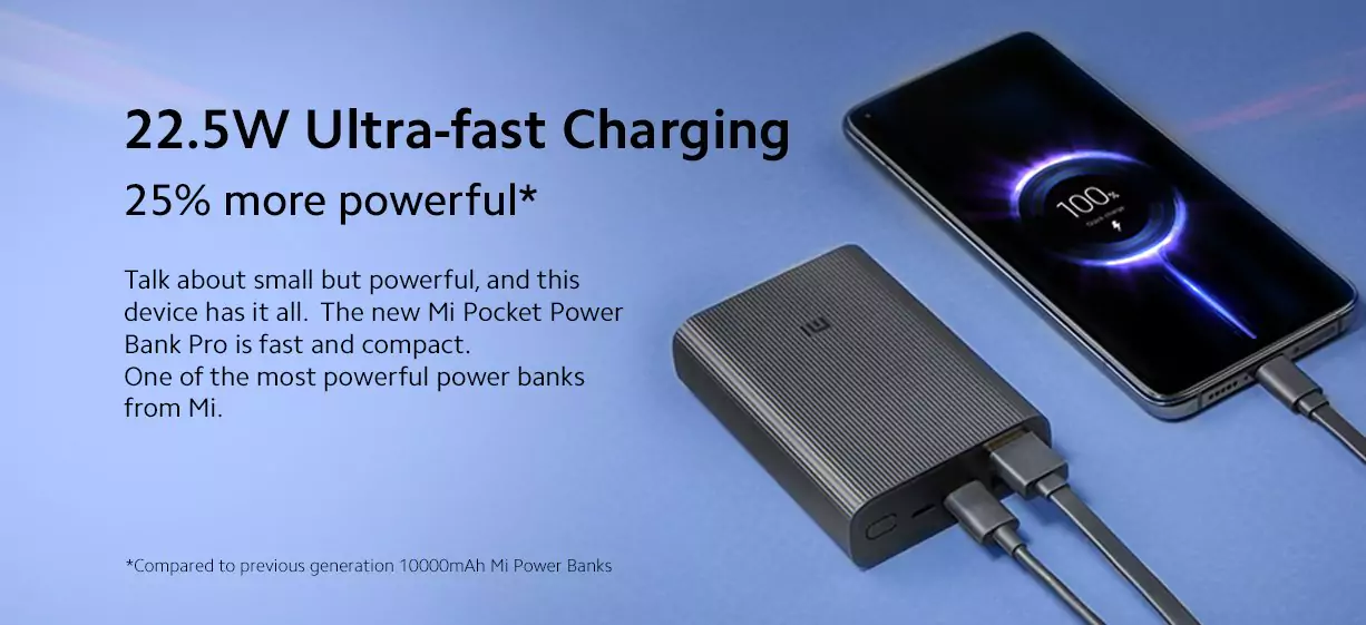 MI 10000mAh Powerbank Pocket Pro black color 22.5 Watt Lithium Ion, Lithium Polymer with Fast Charging, Dual Input Ports (Micro-USB and Type C), Triple Output Ports