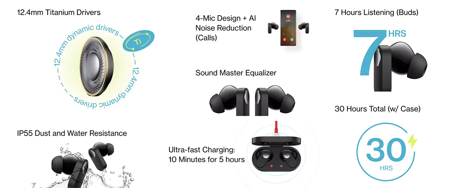 Zopic OnePlus Nord Buds Earbuds blue color True Wireless in Ear with Mic, 12.4mm Titanium Drivers, Playback:Up to 30hr case, 4-Mic Design + AI Noise Cancellation, IP55 Rating, Fast Charging