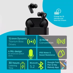 OnePlus Nord Buds Earbuds True Wireless in Ear with Mic, 12.4mm Titanium Drivers, Playback:Up to 30hr case, 4-Mic Design + AI Noise Cancellation, IP55 Rating, Fast Charging
