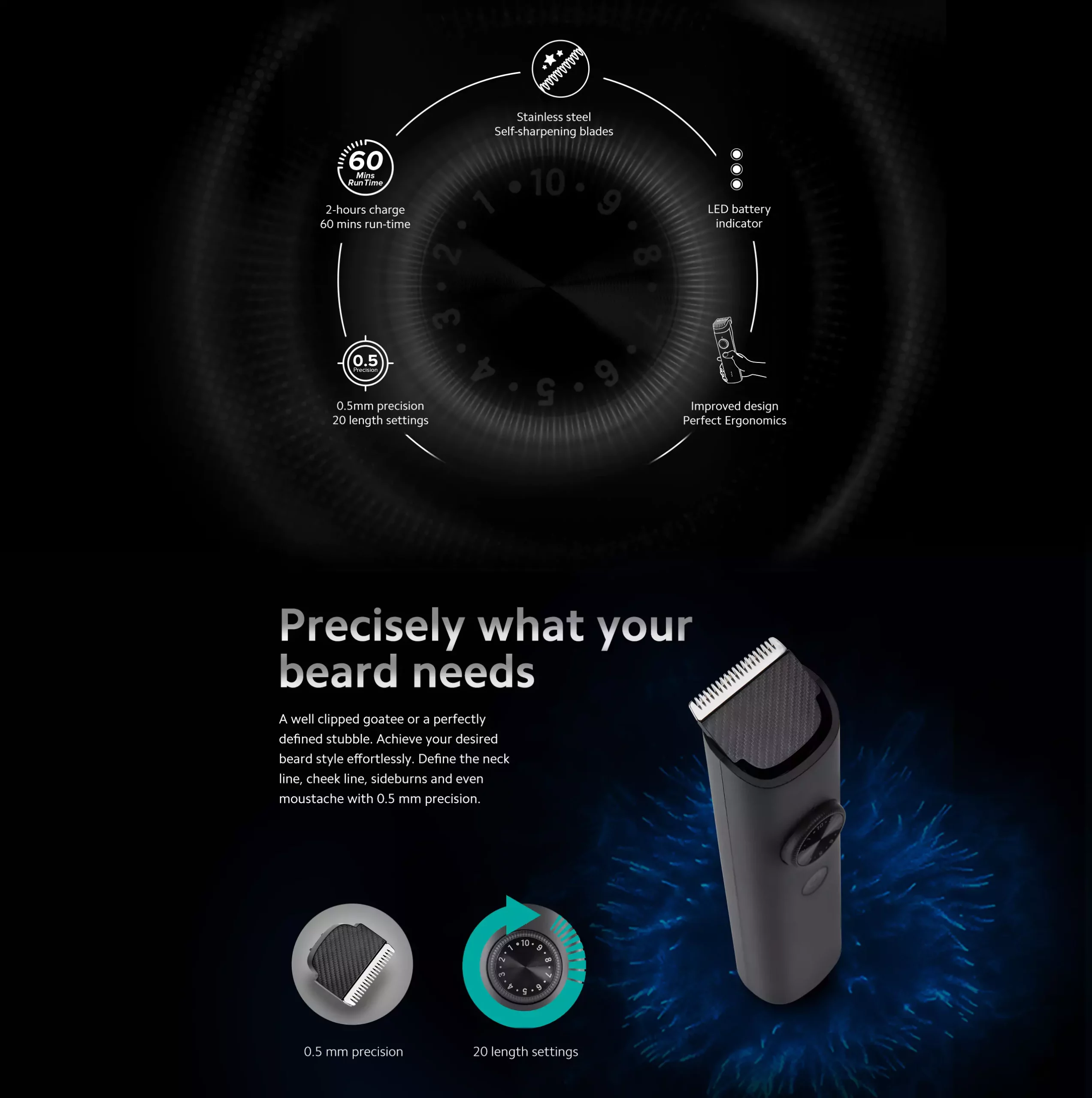 zopic MI Beard Trimmer 1C black color Cordless, 60 Minutes of usage with 20 length settings, USB Fast charging, black color