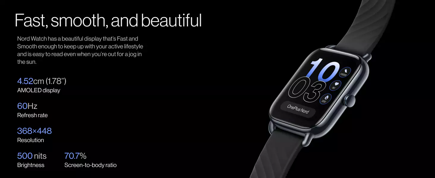 zopic OnePlus Nord Smartwatch black color with 1.78” AMOLED Display, 60 Hz Refresh Rate, 105 Fitness Modes, 10 Days Battery, SPO2, Heart Rate, Stress Monitor, Women Health Tracker & Multiple Watch Face