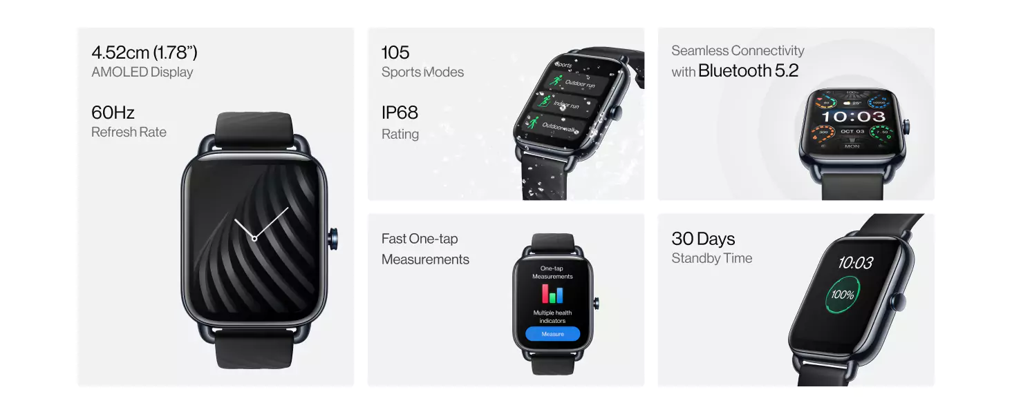 zopic OnePlus Nord Smartwatch black color with 1.78” AMOLED Display, 60 Hz Refresh Rate, 105 Fitness Modes, 10 Days Battery, SPO2, Heart Rate, Stress Monitor, Women Health Tracker & Multiple Watch Face