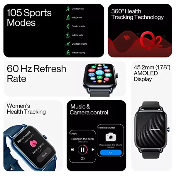 zopic OnePlus Nord Smartwatch black color with 1.78” AMOLED Display, 60 Hz Refresh Rate, 105 Fitness Modes, 10 Days Battery, SPO2, Heart Rate, Stress Monitor, Women Health Tracker & Multiple Watch Face