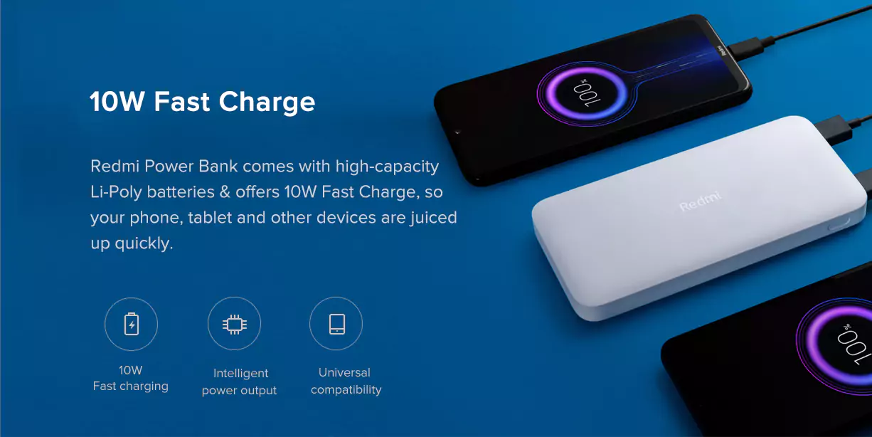 zopic Redmi 10000mAh 10 Watt Lithium Polymer Power Bank with Fast Charging, Dual input ports (Micro USB & Type-C)