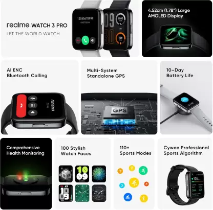 zopic realme Watch 3 Pro Smartwatch Bluetooth Calling Battery upto 10 Days Call Function 1.78" AMOLED 368 x 448p Hi-res Smart AOD with BT Calling & GPS- Zopic