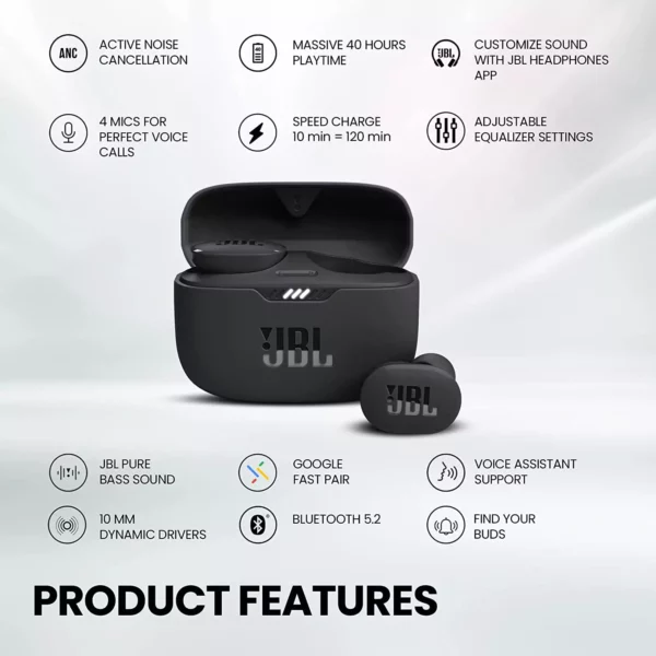 zopic JBL Tune 130NC Earbuds TWS, Active Noise Cancellation Earbuds Upto 40dB, APP - Adjust EQ for Extra Bass, Massive 40Hrs Playtime, Legendary Sound, 4 Mics for Clear Calls, Bluetooth 5.2