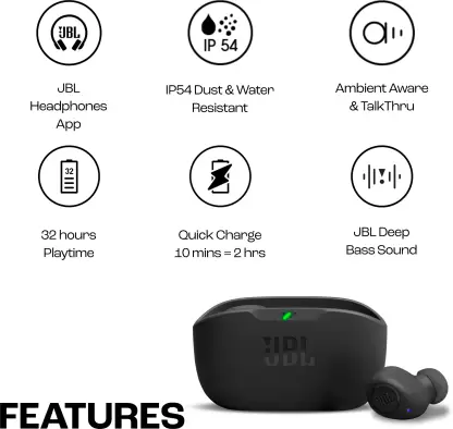 zopic JBL Wave Buds in-Ear Earbuds black color (TWS) with Mic, App for Customized Extra Bass EQ, 32 Hours Battery and Quick Charge, IP54 Water & Dust Resistance, Ambient Aware & Talk-Thru, Google Fast Pair