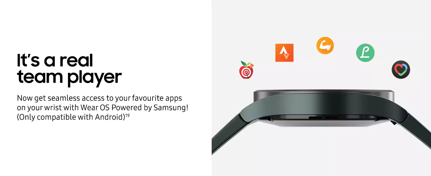 zopic Samsung Galaxy Watch 4 Smartwatch Bluetooth Calling 44mm Only compatible with Android Smartphones (Runs on Wear OS Powered by Samsung) Bioelectrical Impedance Analysis Sensor for Body Composition Analysis, Optical Heart Rate Sensor. Health Monitoring features such as Advanced Sleep Analysis & Women's Health. Enhanced Fitness tracking lets you track 90+ workouts; Enriched App availability and connectivity with Wear OS, Powered by Samsung. Typical Usage Time (Hours): up to 40 Hours. Connectivity Technology: Usb; Item Type Name: Smart Watch; Included Components: ‎Galaxy Watch::Watch Strap::Wireless Charger::Quick Start Quide