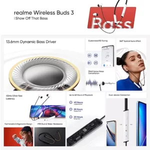 realme Buds Wireless 3 Neckband (White Color) Active 40 Hours Battery Life, 360° Spatial Audio Effect, 30dB Noise Cancellation, 45ms Ultra Low Latency, Microphone, 10 m Range, Bluetooth 5.3,
