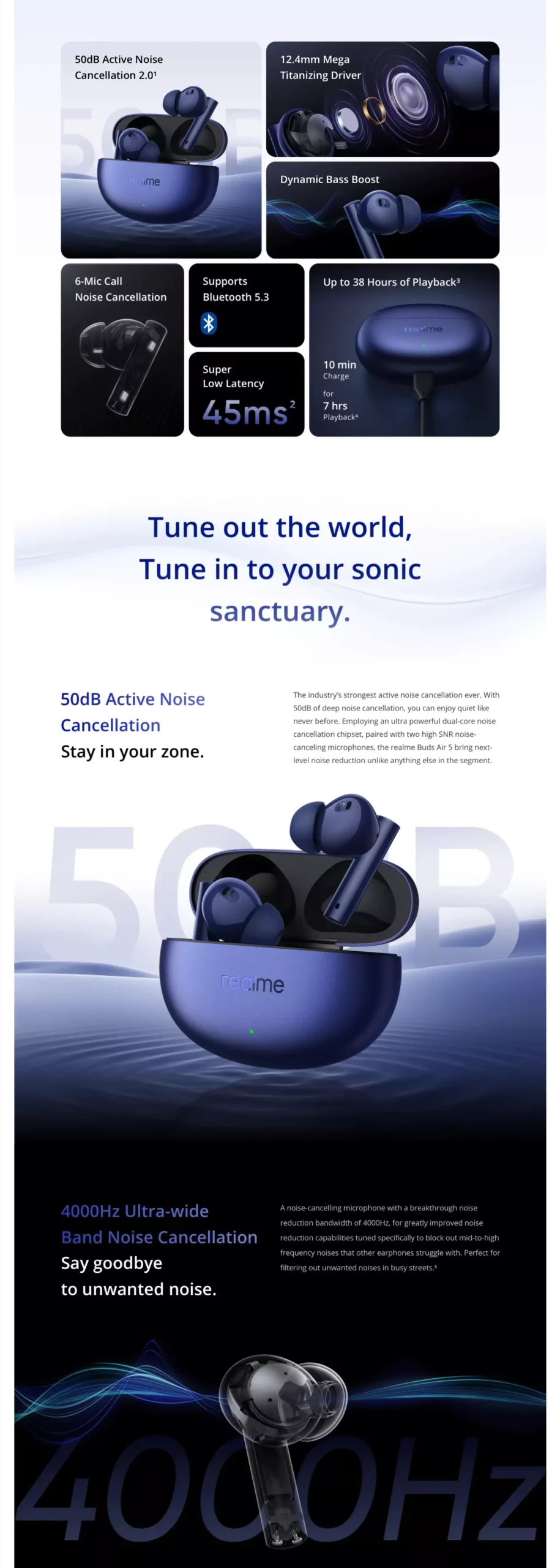 zopic realme buds air 5 Earbuds 38 hours of playtime crystal clear calls 50dB active noise cancellation 12.4mm mega titanizing driver dynamic bass boost bluetooth 5.3 (1)