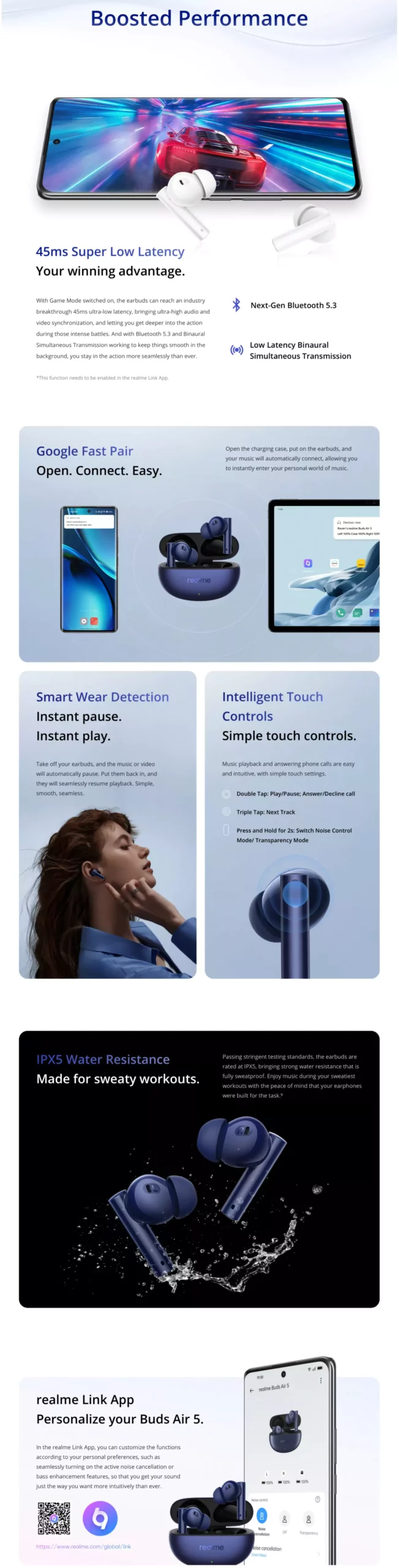 zopic realme buds air 5 Earbuds 38 hours of playtime crystal clear calls 50dB active noise cancellation 12.4mm mega titanizing driver dynamic bass boost bluetooth 5.3 (1)