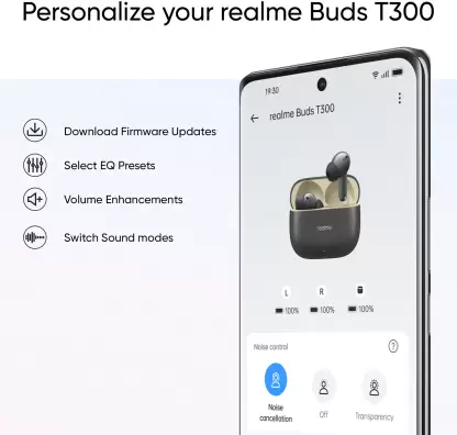 Zopic realme buds T300 Earbuds (3) white color 30dB ANC with 360 Spatial Audio Effect 40 Hours Battery Life Quad mic Call Noise Cancellation