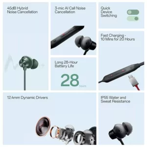 OnePlus Bullets Wireless Z2 ANC Neckband Bluetooth in Ear Earphones with Mic, 28 Hours Battery, 45dB Hybrid ANC, Bombastic Bass, 12.4 mm Drivers, 10 Mins Charge, 20 Hrs Music