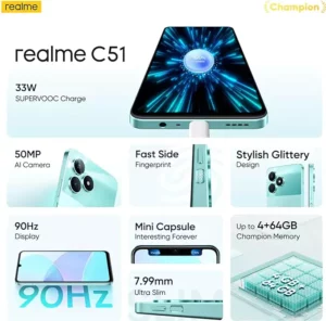 realme C51 Smartphone 4GB RAM, 64GB Storage, Display 17.12 cm (6.74 inch) HD LCD, 50MP + 0.08MP, 5MP Front Camera, 5000mAh Battery & Fast Charging Mobile