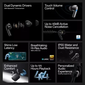 OnePlus Buds 3 Earbuds in Ear TWS Bluetooth Upto 44Hrs Playback, Smart Adaptive Noise Cancellation, Upto 49dB , Hi-Res Sound Quality, Sliding Volume Control, 10mins for 7 Hours Fast Charging