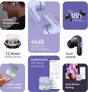 Redmi Buds 5 Earbuds Truly Wireless Bluetooth (TWS) Upto 38Hrs Playback, 46dB Hybrid Noise Cancellation, Dual-Mic AI Call Enhancement, Fast Charging