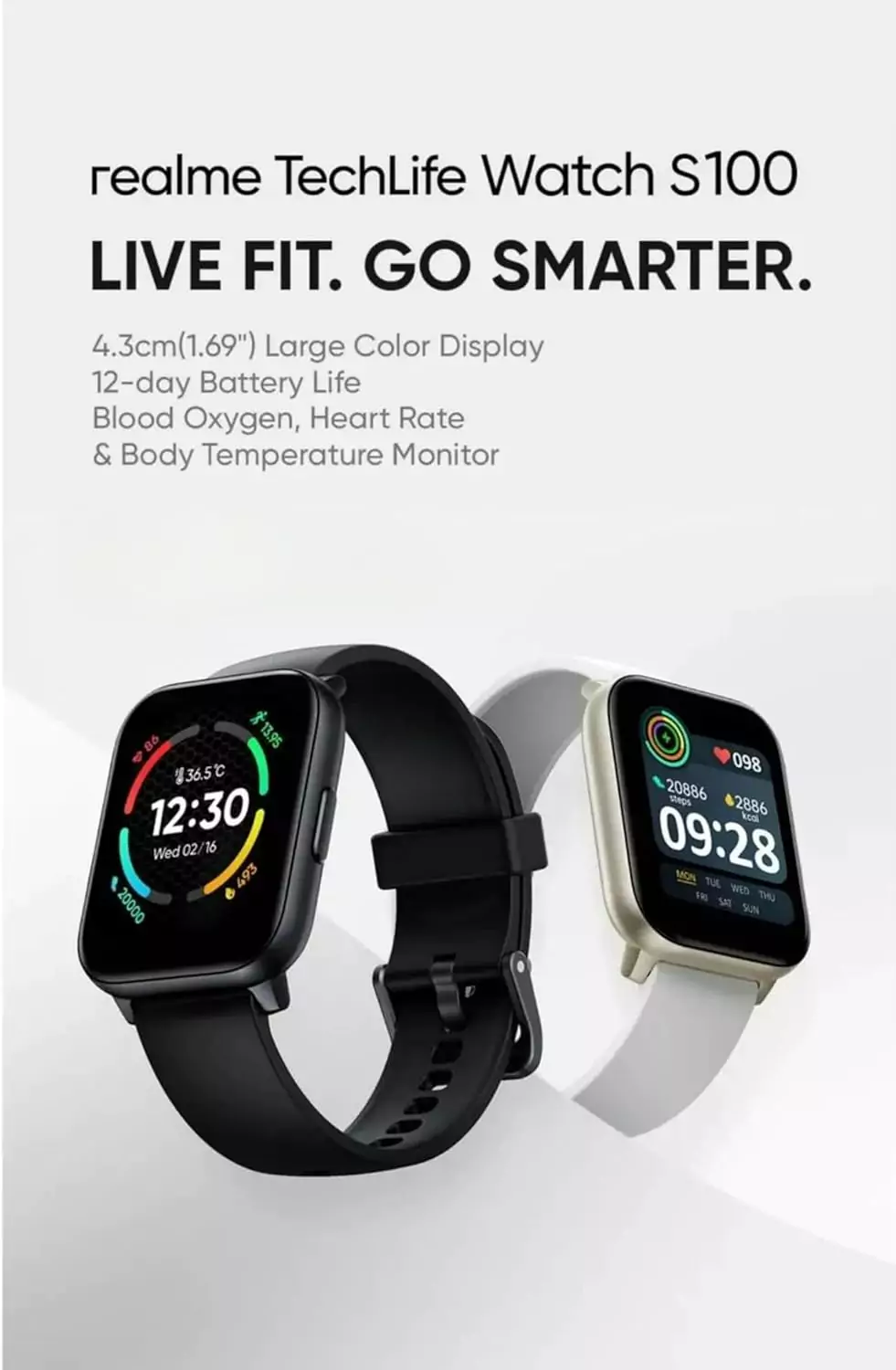 zopic realme TechLife Watch S100 Smartwatch 12 Days Battery Life, Blood Oxygen & Heart Rate Monitor, 1.69 HD Display with Temperature Sensor, 24 Sports Mode, IP68 (1)