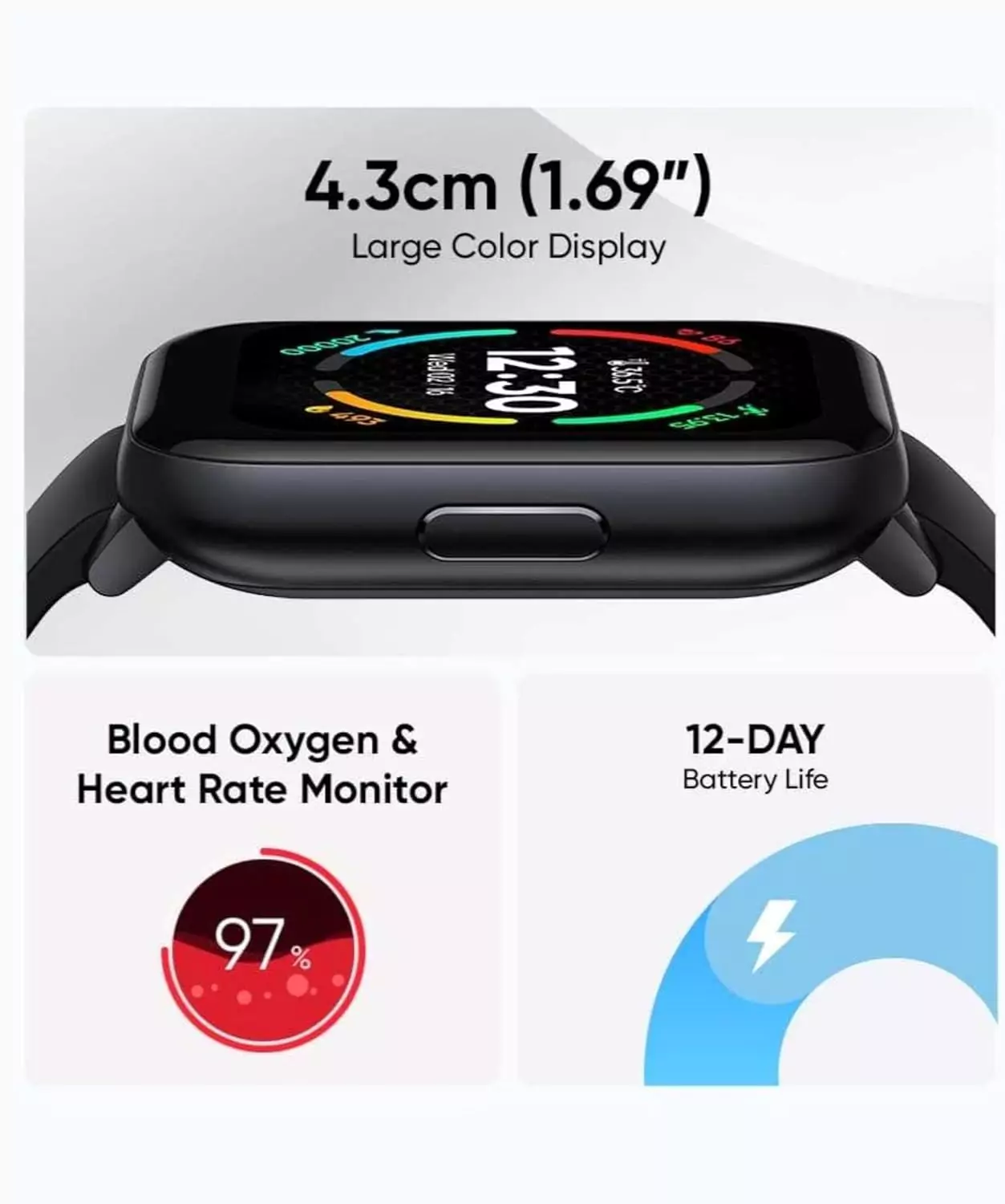 zopic realme TechLife Watch S100 Smartwatch 12 Days Battery Life, Blood Oxygen & Heart Rate Monitor, 1.69 HD Display with Temperature Sensor, 24 Sports Mode, IP68 (1)