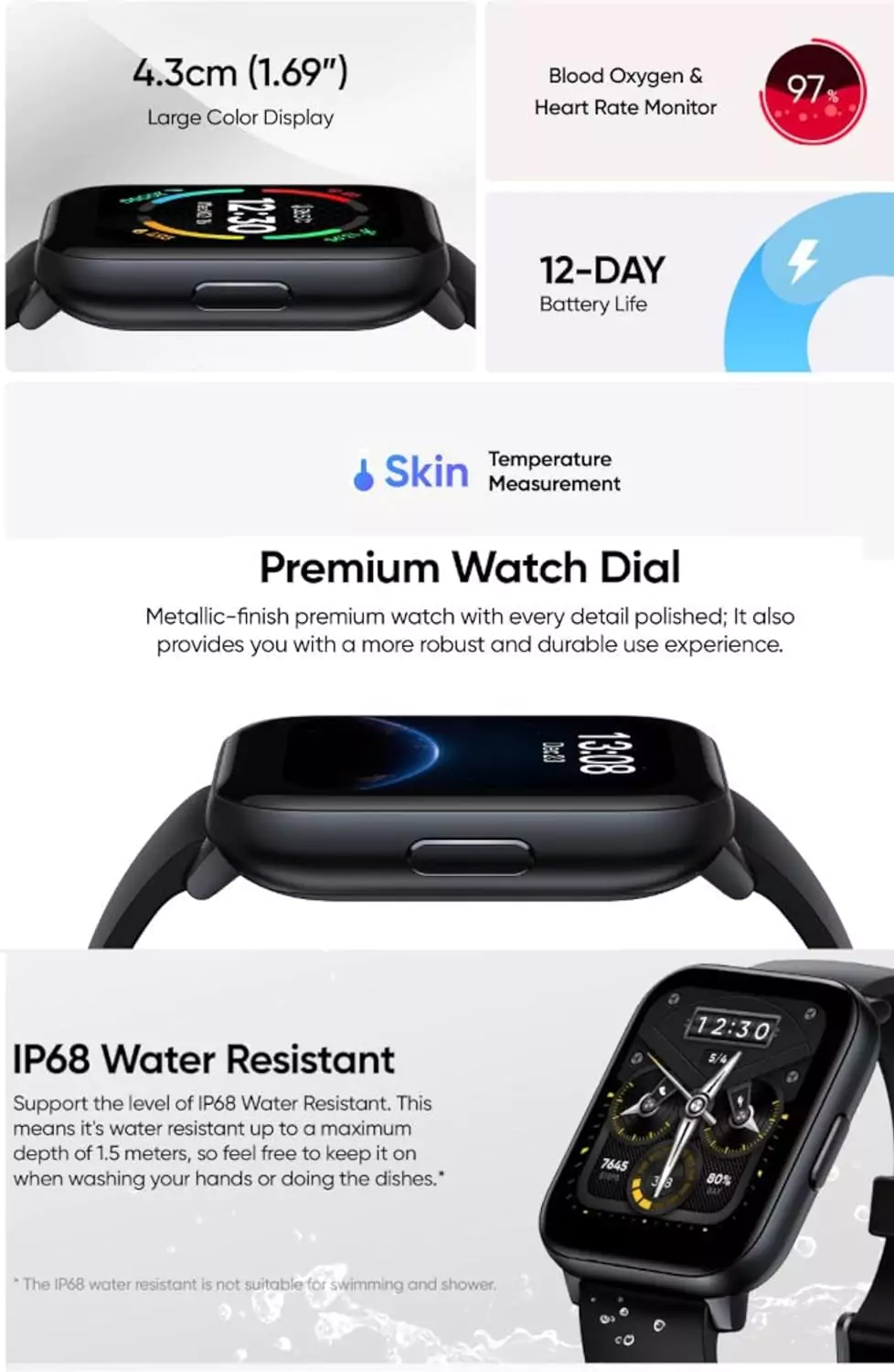 zopic realme TechLife Watch S100 Smartwatch 12 Days Battery Life, Blood Oxygen & Heart Rate Monitor, 1.69 HD Display with Temperature Sensor, 24 Sports Mode, IP68 (1)